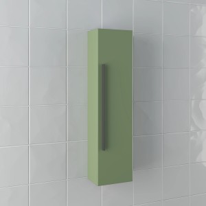 Mobile bagno sospeso verde con maniglia lunga. Arredo bagno moderno.