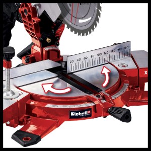 Troncatrice a batteria Einhell Power X-Change TE-MS 18/210 Li Solo: Troncatrice rossa con piano girevole e regolazione angolare.