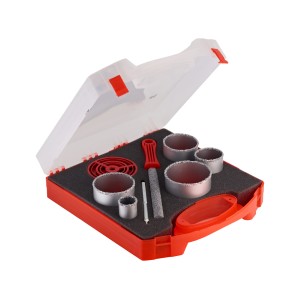 Set di seghe a tazza LUX, 8 pezzi in valigetta rossa con varie dimensioni di lame, punta da trapano e lima.