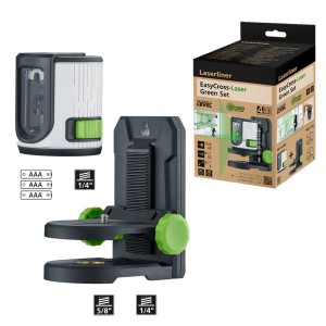 Laserliner EasyCross-Laser Green Set con laser a croce, staffa e confezione.