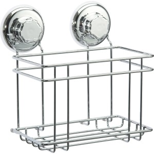 Cesto da parete cromato con ventose per accessori bagno.