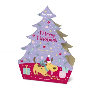 Snack natalizi per cani in confezione a forma di albero di Natale.