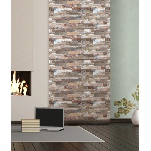 Design parete con pannelli di rivestimento t.b.t. in toni marroni e grigi per soggiorno.