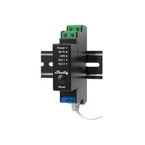 Modulo relè Shelly 2PM Pro nero con connessione LAN e WLAN per la domotica.