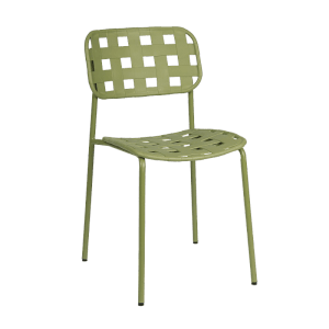Moderna sedia da giardino CLOVER verde con struttura in acciaio e rete per uso esterno.