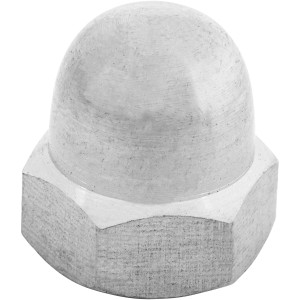 Primo piano di un dado a cappello LUX zincato M8, 8 pezzi. Protegge le viti dagli agenti esterni.