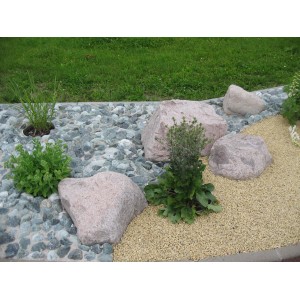 Giardino con ciottoli e granulati, grandi pietre e piante.