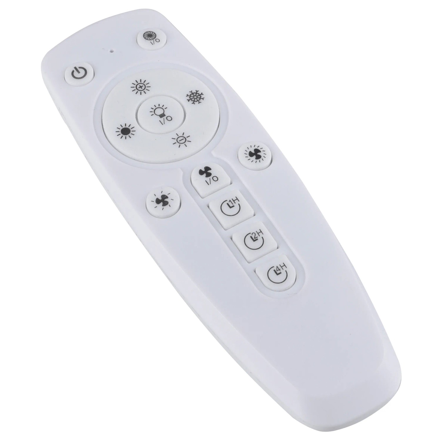 Telecomando per plafoniera LED con ventilatore Stralsund, telecomando in plastica bianca con vari pulsanti.