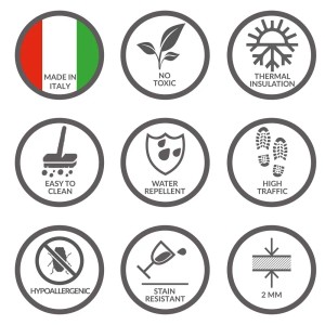 Caratteristiche tappeto: Made in Italy, atossico, isolamento termico, facile da pulire, idrorepellente, resistente al traffico, anallergico, antimacchia, spessore 2 mm.