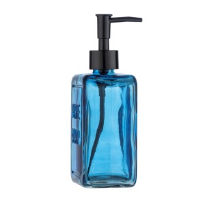 Dispenser sapone t.b.t. blu in vetro con pompa nera.