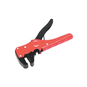 Pinza spelafili automatica con manico rosso per spellare cavi.