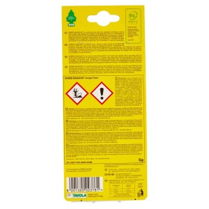 Confezione del profumo per auto t.b.t., retro con istruzioni e simboli di avvertenza.