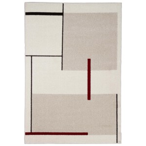 Tappeto moderno con motivo geometrico in beige, bianco e rosso.