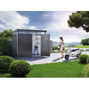 Casetta da giardino in metallo Biohort HighLine, grigio scuro, 7,6 m² con doppia porta e accessori.