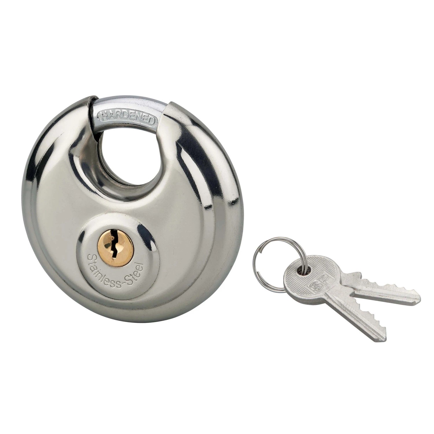 Lucchetto t.b.t. rotondo in acciaio inox con due chiavi.