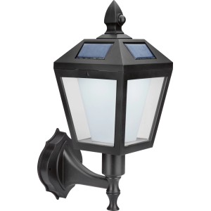 Lampada solare a LED da esterno nera a forma di lanterna, adatta come applique o lampada da terra.