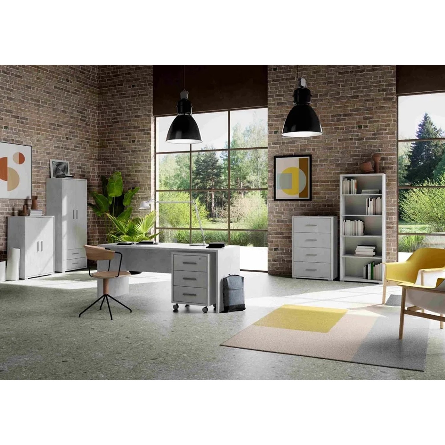 Ufficio con scrivania moderna e mobili da ufficio coordinati in grigio e bianco.