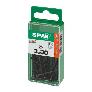 Viti SPAX 3x30 mm, 25 pezzi in contenitore di plastica verde. Elementi di fissaggio universali.