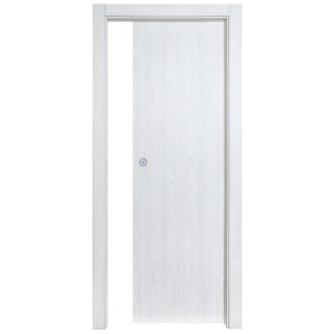 Porta interna bianca con design semplice e pomello argentato.