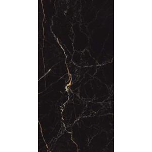 Piastrella per pavimenti nera effetto marmo con venature dorate.