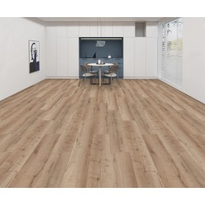 Pavimento in vinile rovere Lyon con sistema a clic installato in una sala da pranzo moderna.