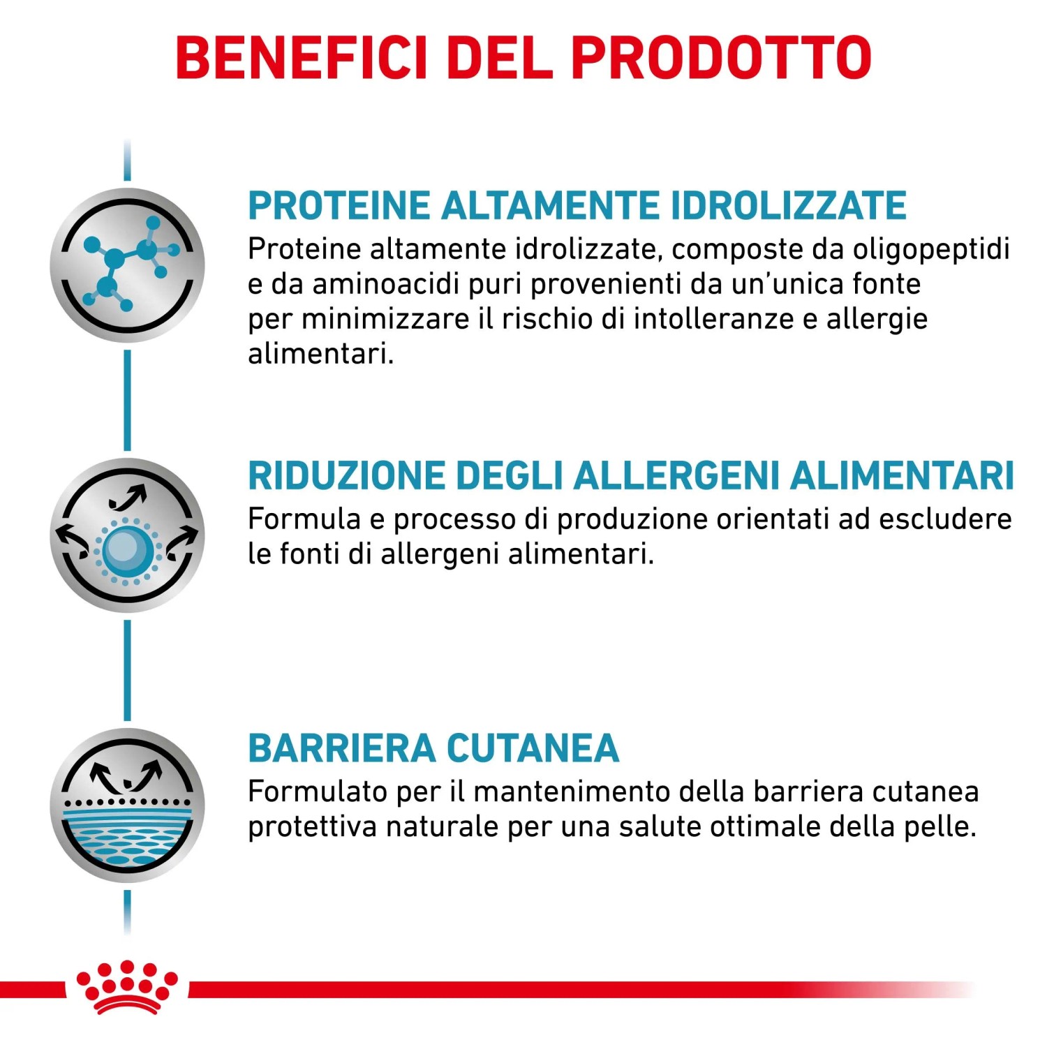 Grafica che descrive i benefici di t.b.t. cibo secco per cani: proteine, riduzione degli allergeni, barriera cutanea.