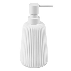 Dispenser sapone bianco con superficie a coste.