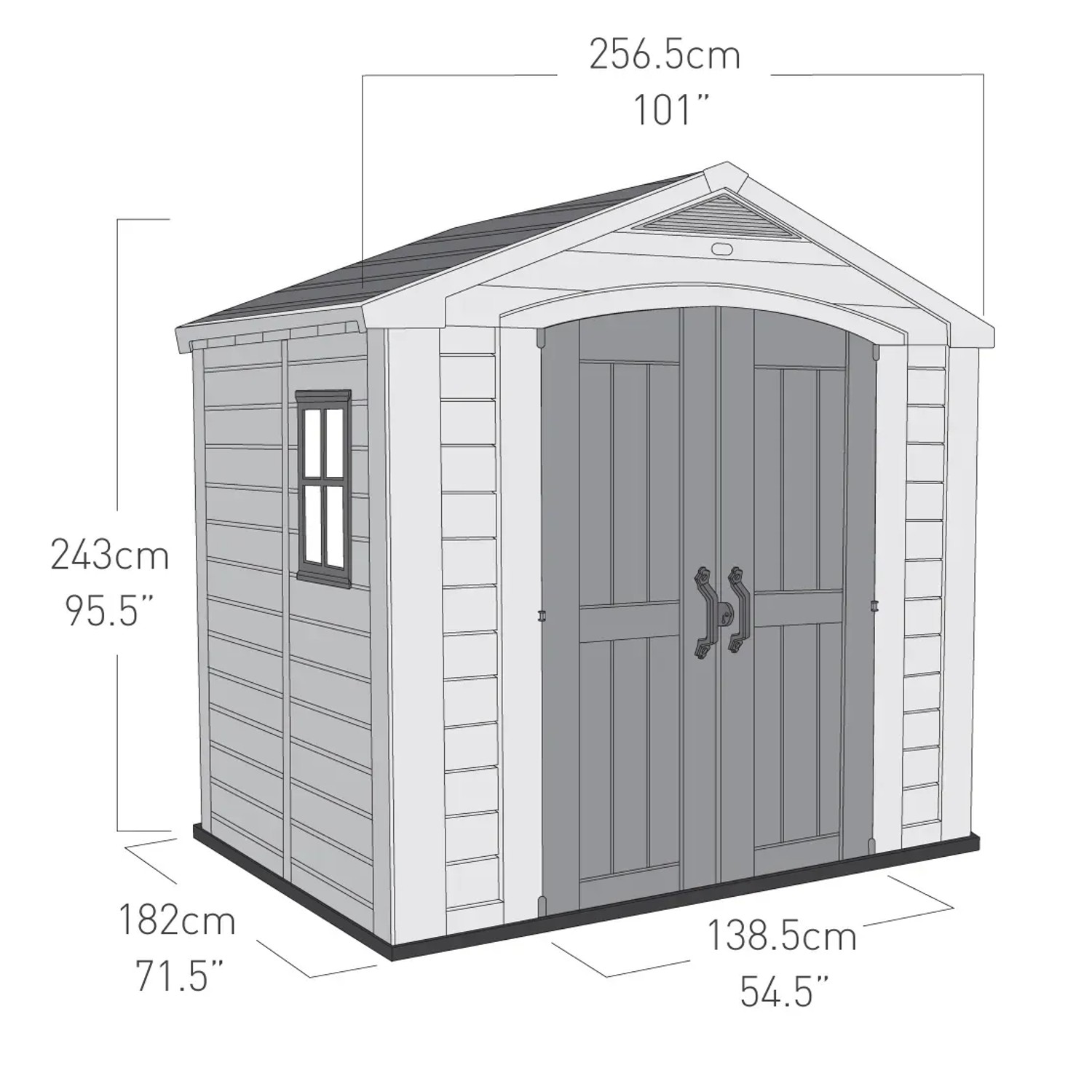 Casetta da giardino in plastica Keter 4,42 m²: Casetta con finestra e doppia porta, dimensioni indicate.