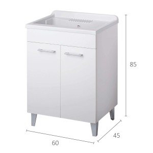 Mobile lavabo bianco con due ante e maniglie argentate, dimensioni indicate.