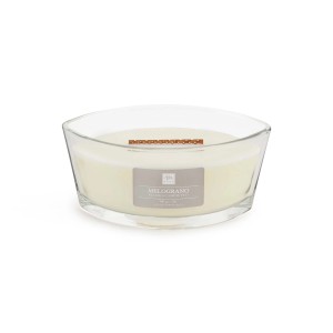 Candela profumata in vetro, Melograno, con stoppino in legno. Crea un'atmosfera piacevole.