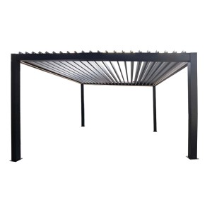 Gazebo t.b.t. nero con tetto a lamelle per il giardino.