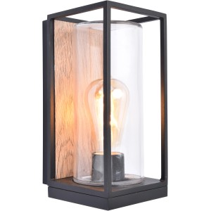 Moderna lampada da parete per esterni Lutec Flair in nero e legno con vetro cilindrico trasparente.