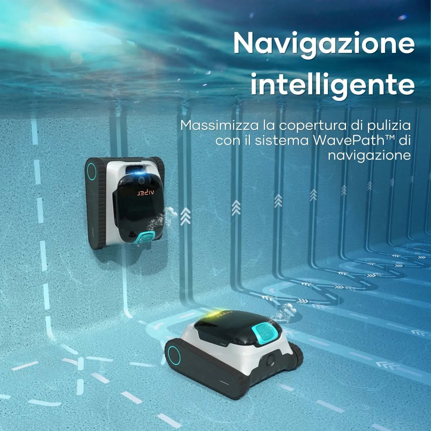 Due robot per piscina t.b.t. in azione sott'acqua. Pulizia della piscina facilitata.