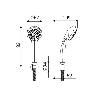 Disegno tecnico: doccetta t.b.t. con dimensioni per l'installazione.