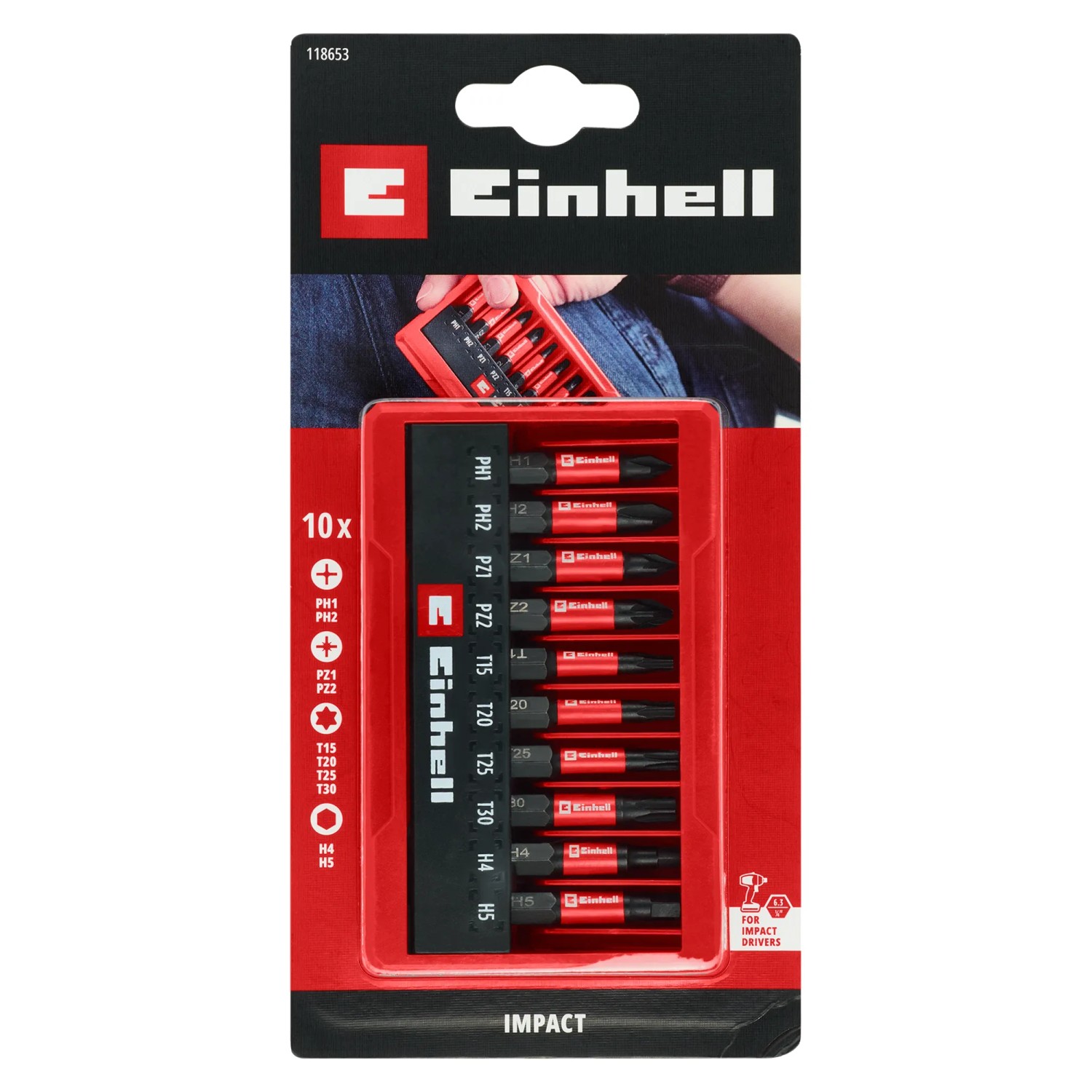 Set di inserti a impatto Einhell da 10 pezzi in formato tascabile con inserti PH, PZ, T e H per cacciaviti e avvitatori a batteria.
