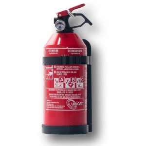 Estintore a polvere ABC rosso 1kg con manometro e supporto a parete.