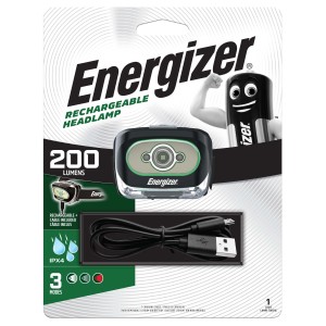 Lampada frontale ricaricabile Energizer, 200 lumen, con cavo USB.
