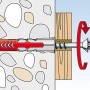 Illustrazione: Tassello Fischer Duopower 6x50 con vite in muratura, freccia di rotazione rossa.