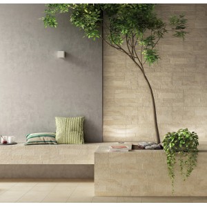 Piastrelle da rivestimento beige con albero e area salotto. Ideale per bagno o soggiorno.