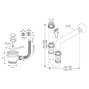Disegno tecnico di un sistema di scarico Lavatoi con dimensioni.
