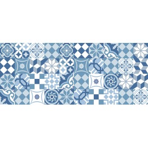 Tappeto da cucina blu e bianco con motivo a piastrelle per OBI. Zerbino decorativo per la cucina.