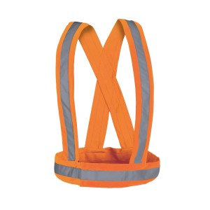 Bretelle arancioni con strisce riflettenti per abbigliamento da lavoro.