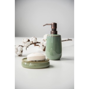 Wenko Sirmione dispenser sapone, ceramica verde, con sapone e cotone.