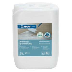 Tanica bianca da 5 kg di primer universale Mapei per superfici assorbenti.