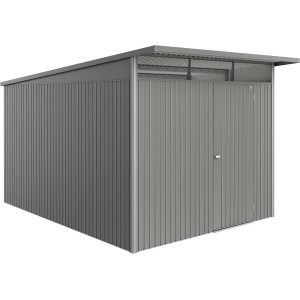 Casetta da giardino in metallo Biohort AvantGarde ECO Gr. A8, grigio quarzo metallizzato, con porta standard.
