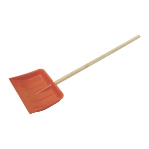 Pala da neve per bambini arancione, larghezza 28 cm, con manico in legno.