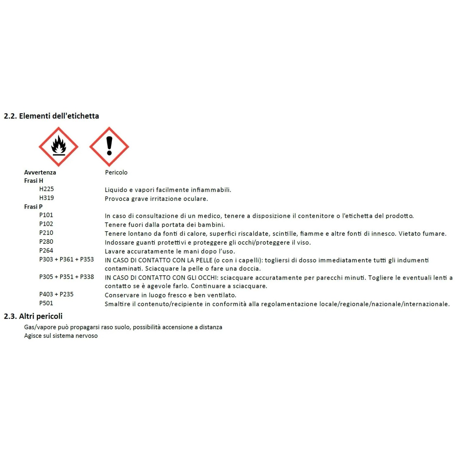 Istruzioni di sicurezza e simboli di avvertenza su un'etichetta del prodotto. Pericolo dovuto a liquidi facilmente infiammabili.