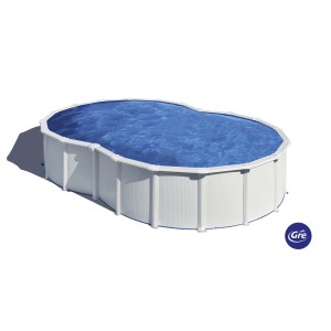 Piscina ovale Gre Varadero, 640x390x120 cm, parete in acciaio bianca, riempita con acqua blu.