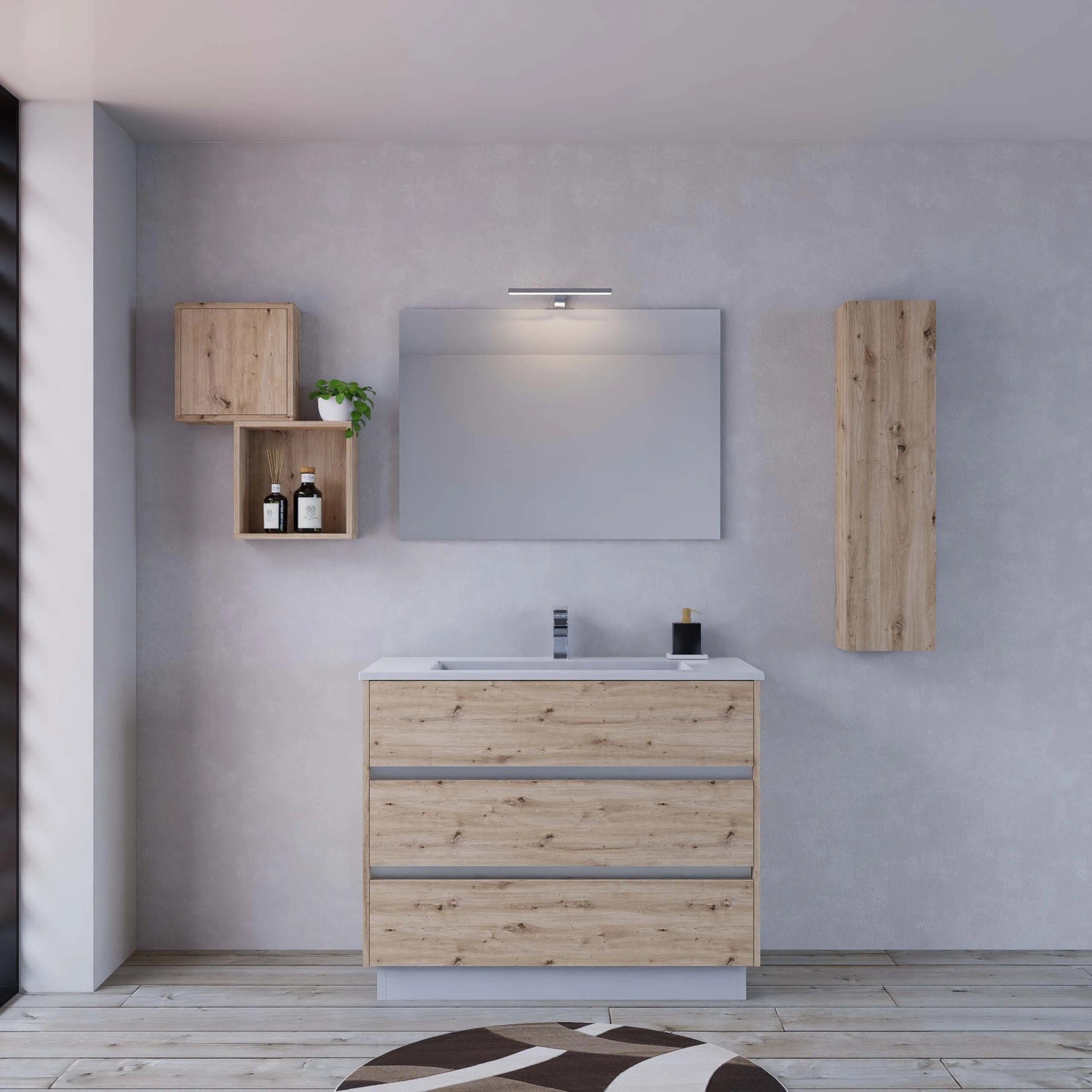 Set bagno moderno con mobile lavabo, specchio e mensole in legno.