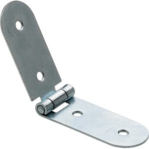 Cerniera in metallo per mobili, aperta, con fori di montaggio.